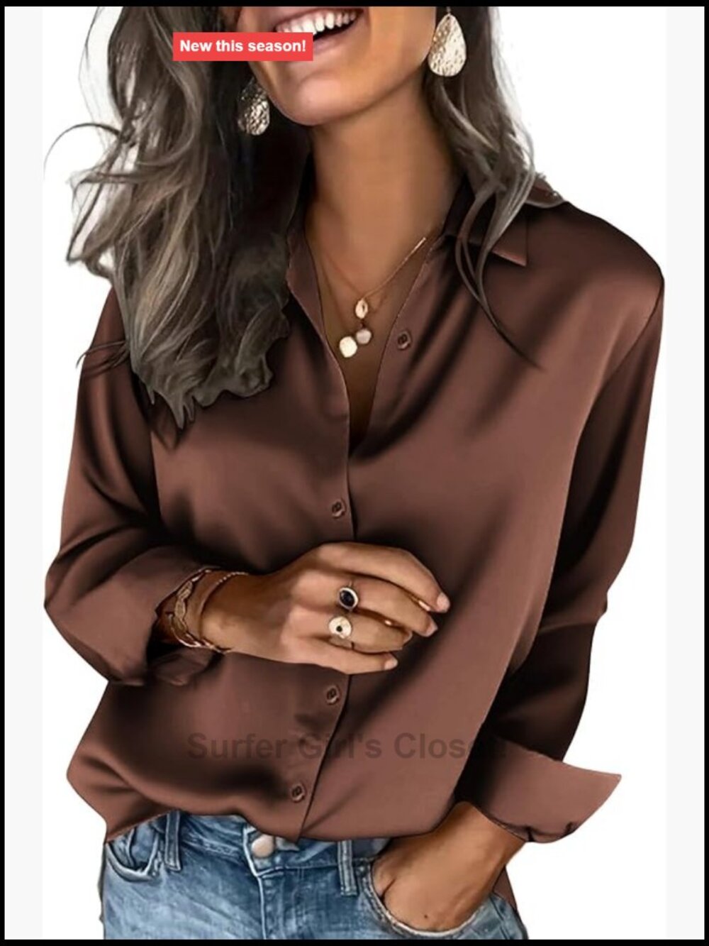 Satin Button Down Shirt Long Sleeve V-Neck Blouse Women Elegant Office Wear